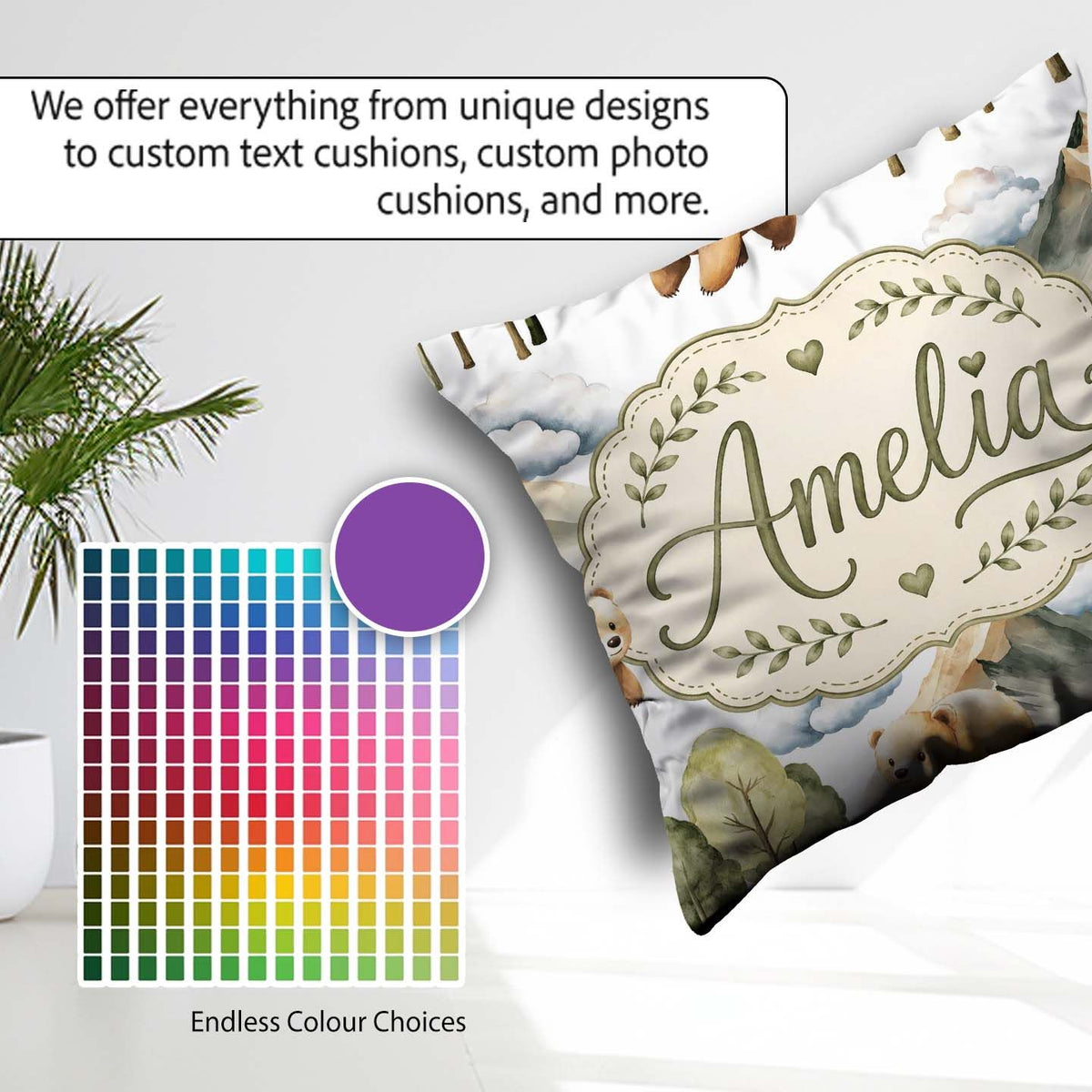 Custom Name Watercolor Woodland Bear Trees Seamless Pattern Pale Square Filled Cushion Throw Pillow Sofa Bed Home Decor Zip Washable UK Made