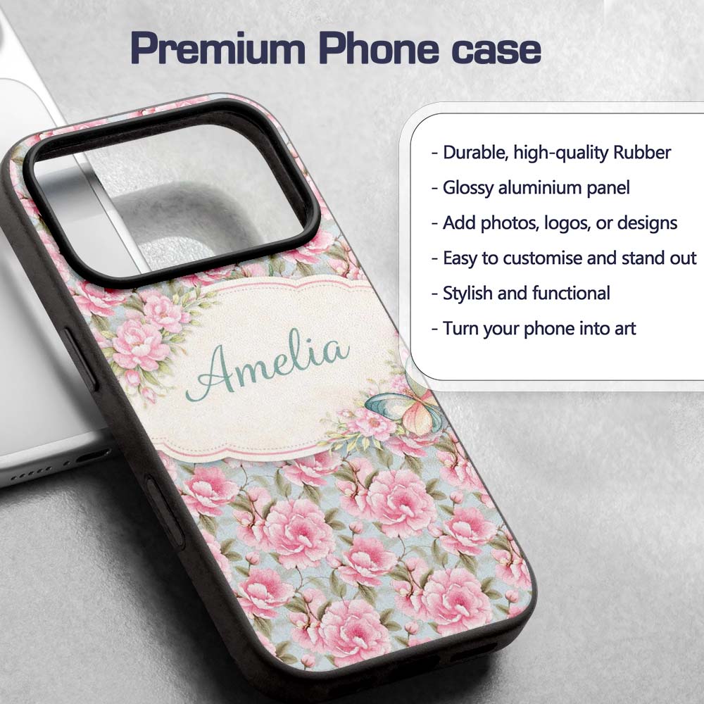 Pastel Pink Peony Floral Light Blue Background Custom Name Protective Phone Case Mobile Cover Durable Everyday Smartphone Shock Resistant