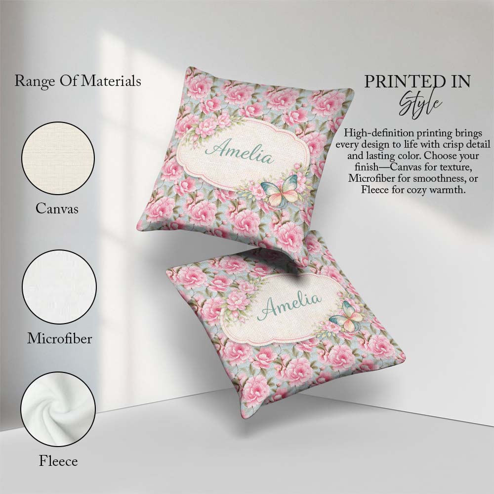 Custom Name Pastel Pink Peony Floral Light Blue Seamless Pattern Square Filled Cushion Throw Pillow Sofa Bed Home Decor Zip Washable UK Made