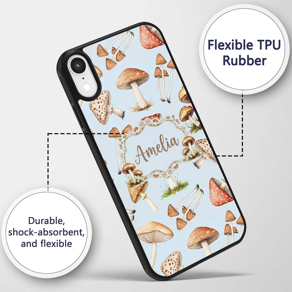 Watercolor Forest Mushrooms Toadstools Seamless Custom Name Protective Phone Case Mobile Cover Durable Everyday Smartphone Shock Resistant