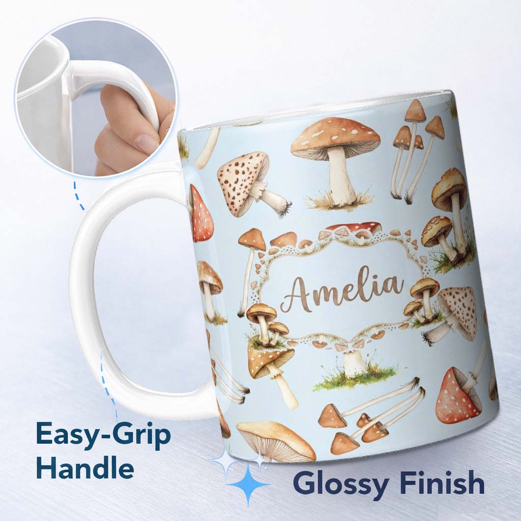 Personalized Custom Name Watercolor Forest Mushrooms Toadstools Seamless Pattern Soft Blue 11oz Ceramic Coffee Tea Mug White Large Handle