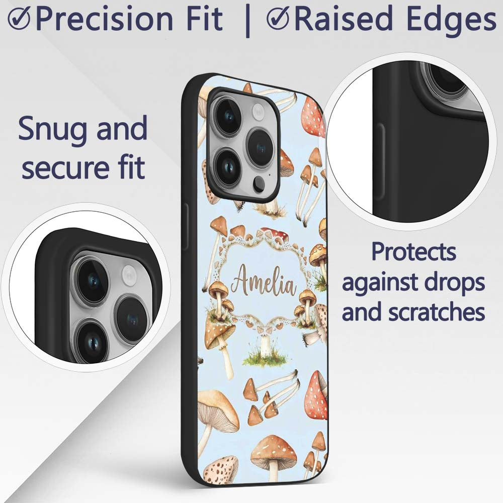 Watercolor Forest Mushrooms Toadstools Seamless Custom Name Protective Phone Case Mobile Cover Durable Everyday Smartphone Shock Resistant