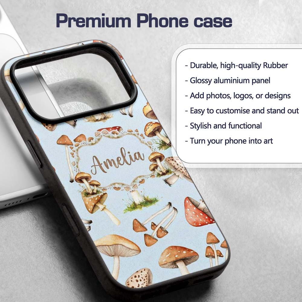 Watercolor Forest Mushrooms Toadstools Seamless Custom Name Protective Phone Case Mobile Cover Durable Everyday Smartphone Shock Resistant