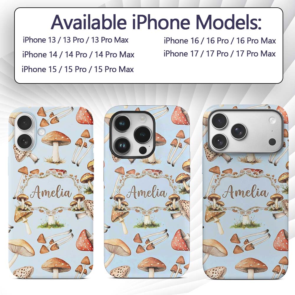 Watercolor Forest Mushrooms Toadstools Seamless Custom Name Protective Phone Case Mobile Cover Durable Everyday Smartphone Shock Resistant