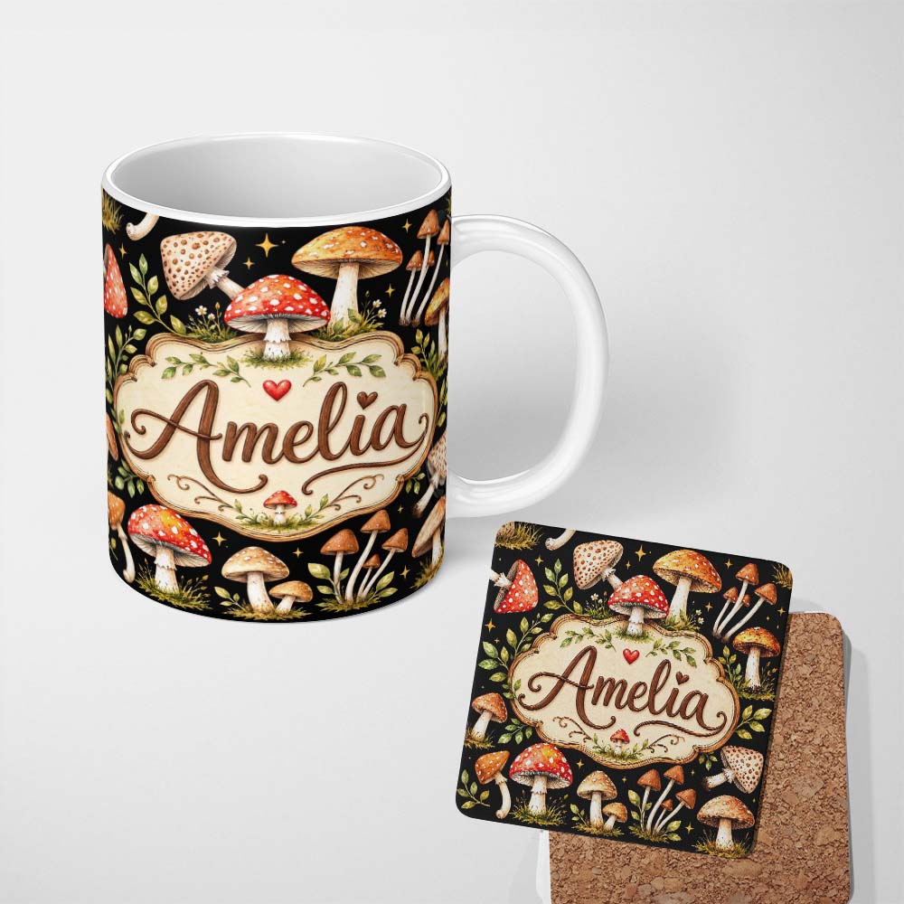 Personalized Custom Name Watercolor Forest Mushrooms Toadstools Seamless Pattern Black 11oz Ceramic Coffee Tea Mug White Large Handle