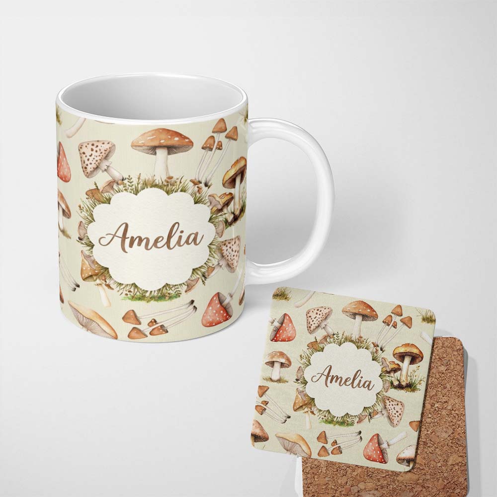 Personalized Custom Name Watercolor Forest Mushrooms Toadstools Seamless Pattern Warm Beige 11oz Ceramic Coffee Tea Mug White Large Handle