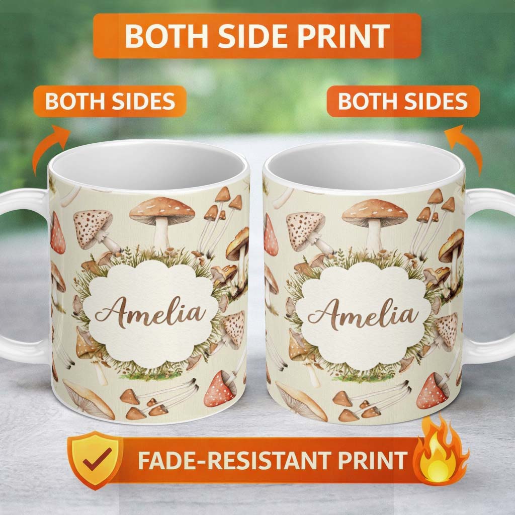 Personalized Custom Name Watercolor Forest Mushrooms Toadstools Seamless Pattern Warm Beige 11oz Ceramic Coffee Tea Mug White Large Handle