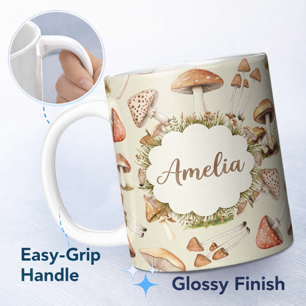 Personalized Custom Name Watercolor Forest Mushrooms Toadstools Seamless Pattern Warm Beige 11oz Ceramic Coffee Tea Mug White Large Handle