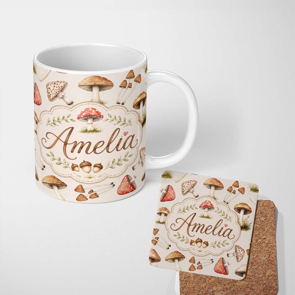 Personalized Custom Name Watercolor Forest Mushrooms Toadstools Seamless Pattern Cream 11oz Ceramic Coffee Tea Mug White Large Handle