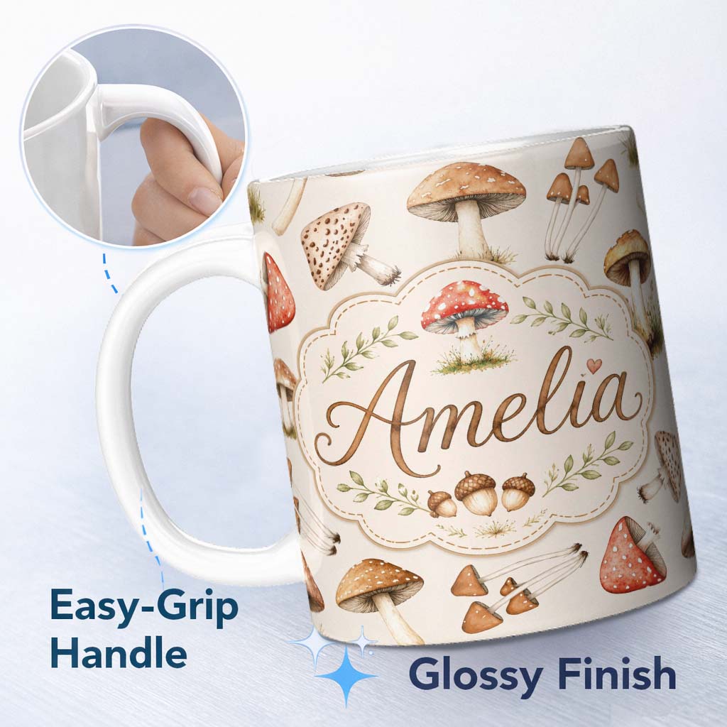 Personalized Custom Name Watercolor Forest Mushrooms Toadstools Seamless Pattern Cream 11oz Ceramic Coffee Tea Mug White Large Handle