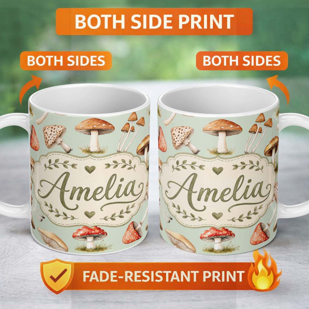 Personalized Custom Name Watercolor Forest Mushrooms Toadstools Seamless Pattern Sage Green 11oz Ceramic Coffee Tea Mug White Large Handle