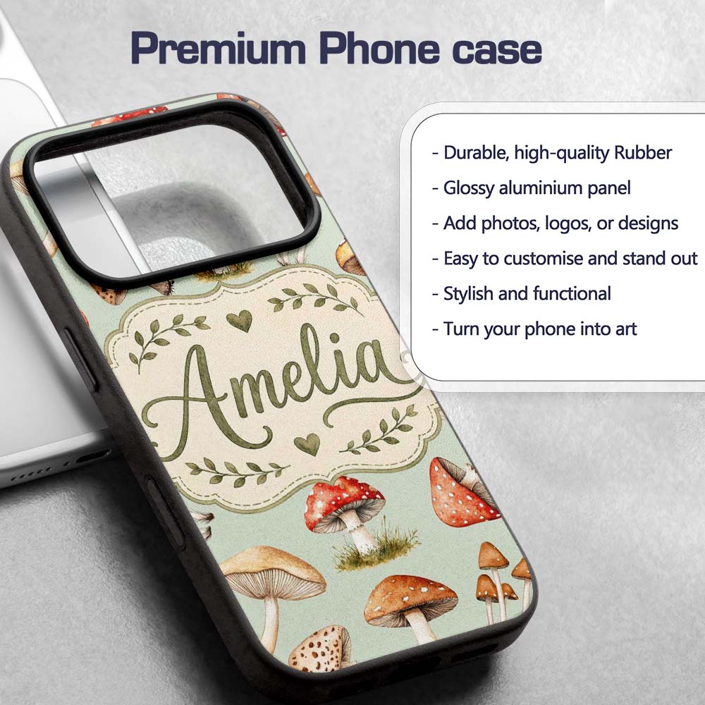 Watercolor Forest Mushrooms Toadstools Seamless Custom Name Protective Phone Case Mobile Cover Durable Everyday Smartphone Shock Resistant