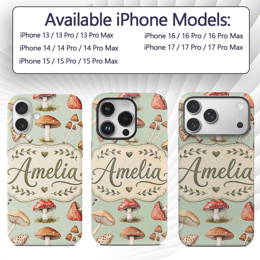 Watercolor Forest Mushrooms Toadstools Seamless Custom Name Protective Phone Case Mobile Cover Durable Everyday Smartphone Shock Resistant