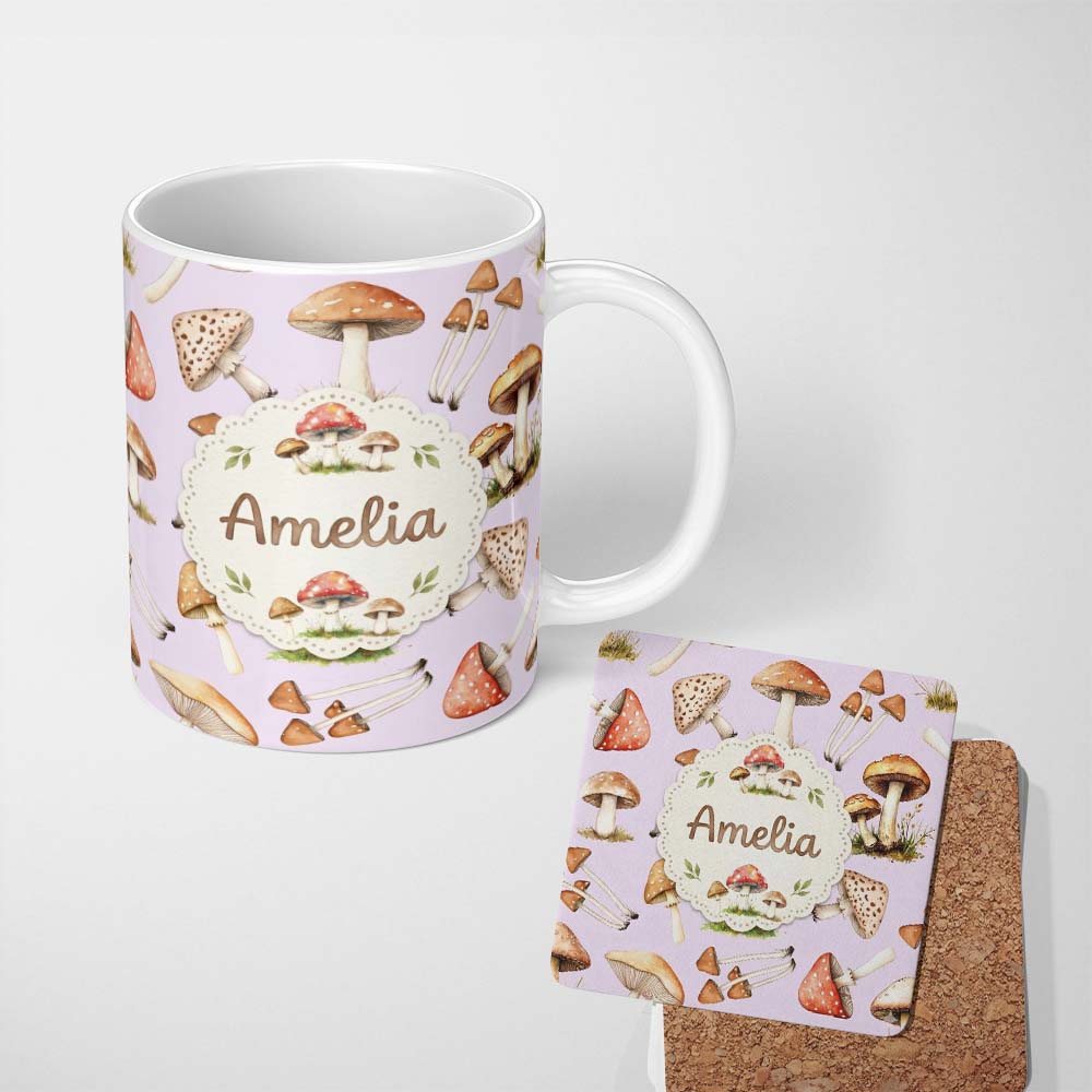 Personalized Custom Name Watercolor Forest Mushrooms Toadstools Seamless Pattern Soft Lilac 11oz Ceramic Coffee Tea Mug White Large Handle