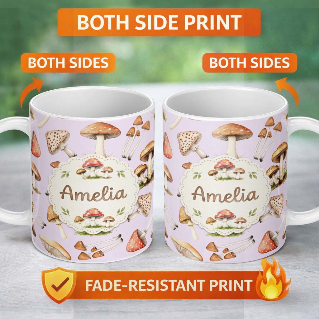 Personalized Custom Name Watercolor Forest Mushrooms Toadstools Seamless Pattern Soft Lilac 11oz Ceramic Coffee Tea Mug White Large Handle