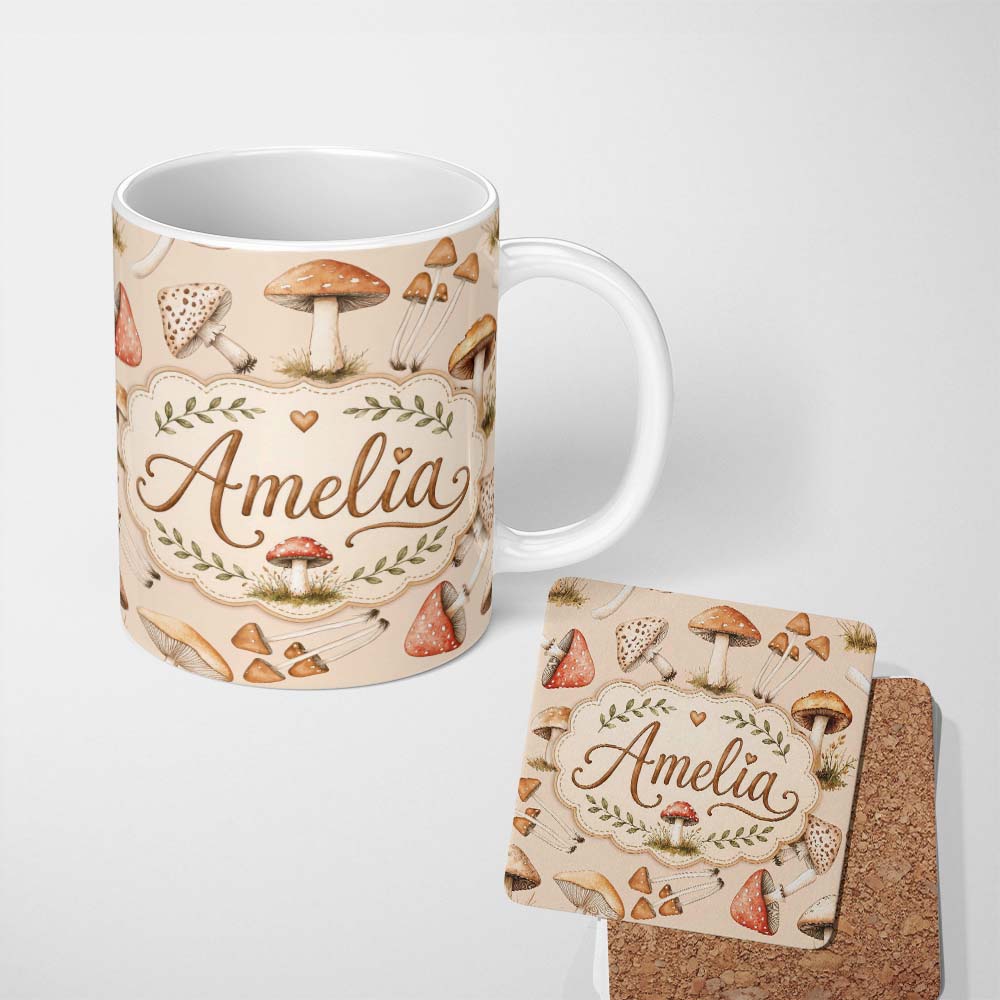 Personalized Custom Name Watercolor Forest Mushrooms Toadstools Seamless Pattern Warm Beige 11oz Ceramic Coffee Tea Mug White Large Handle