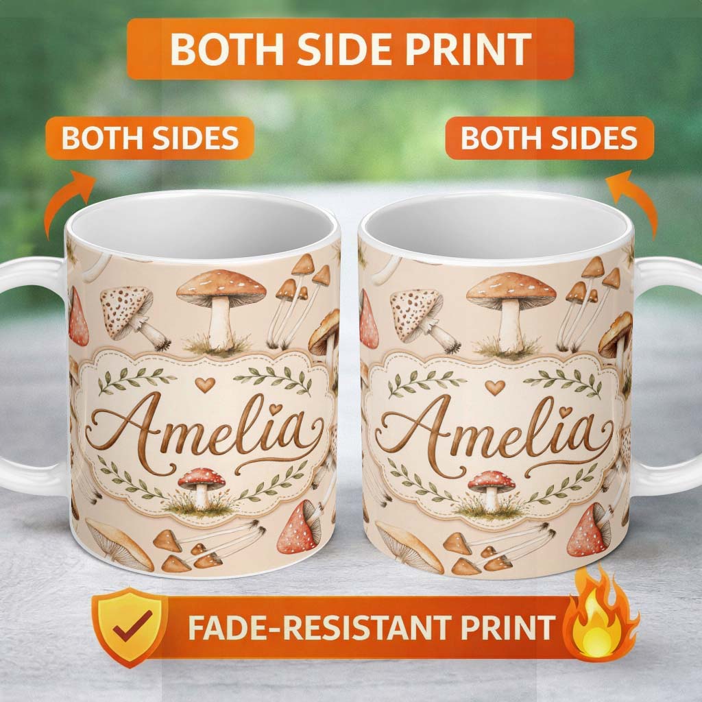 Personalized Custom Name Watercolor Forest Mushrooms Toadstools Seamless Pattern Warm Beige 11oz Ceramic Coffee Tea Mug White Large Handle