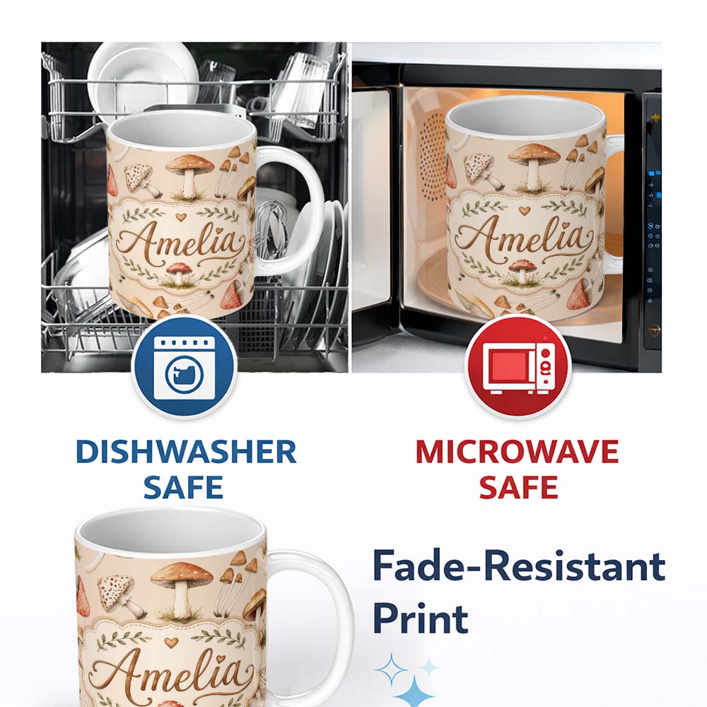 Personalized Custom Name Watercolor Forest Mushrooms Toadstools Seamless Pattern Warm Beige 11oz Ceramic Coffee Tea Mug White Large Handle