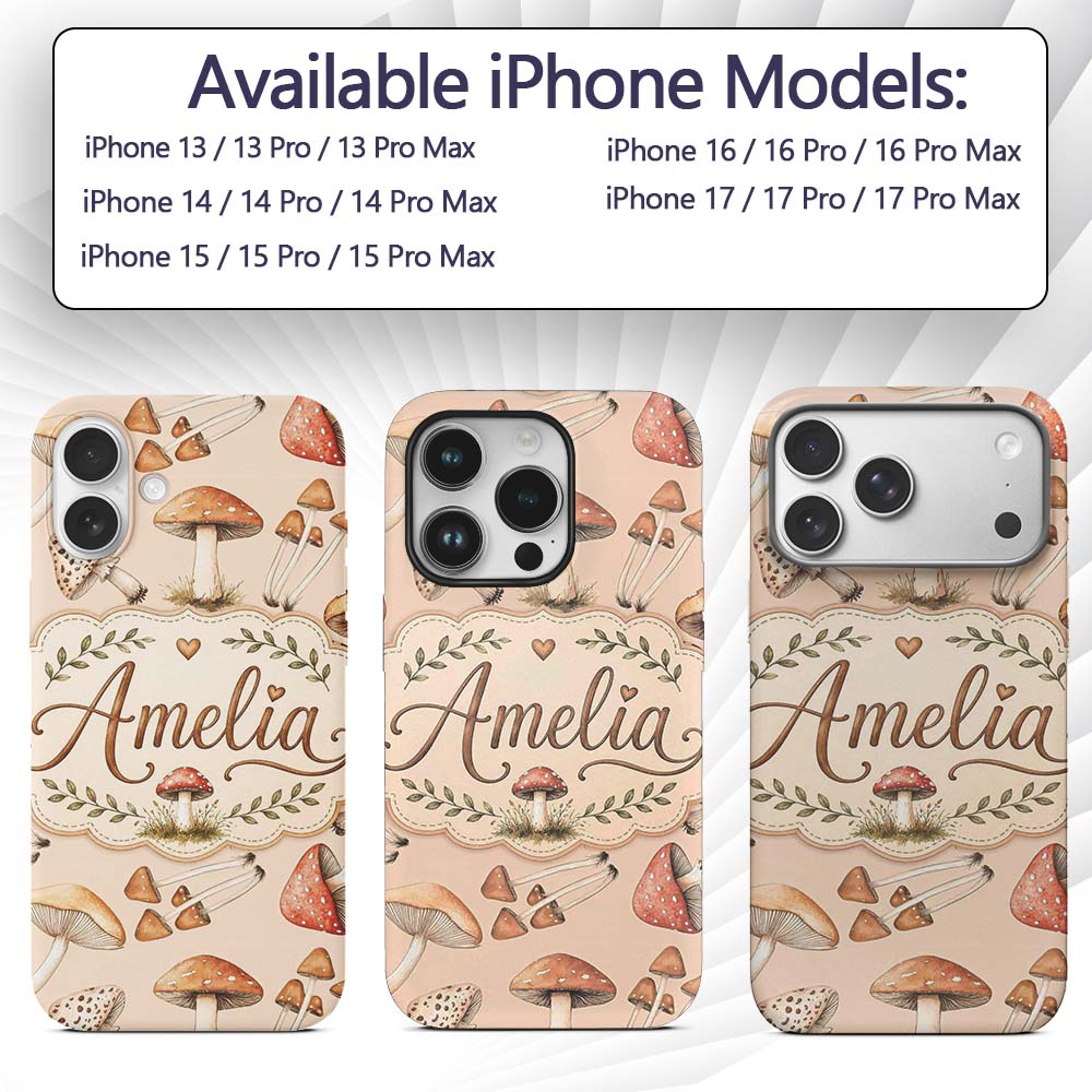 Watercolor Forest Mushrooms Toadstools Seamless Custom Name Protective Phone Case Mobile Cover Durable Everyday Smartphone Shock Resistant