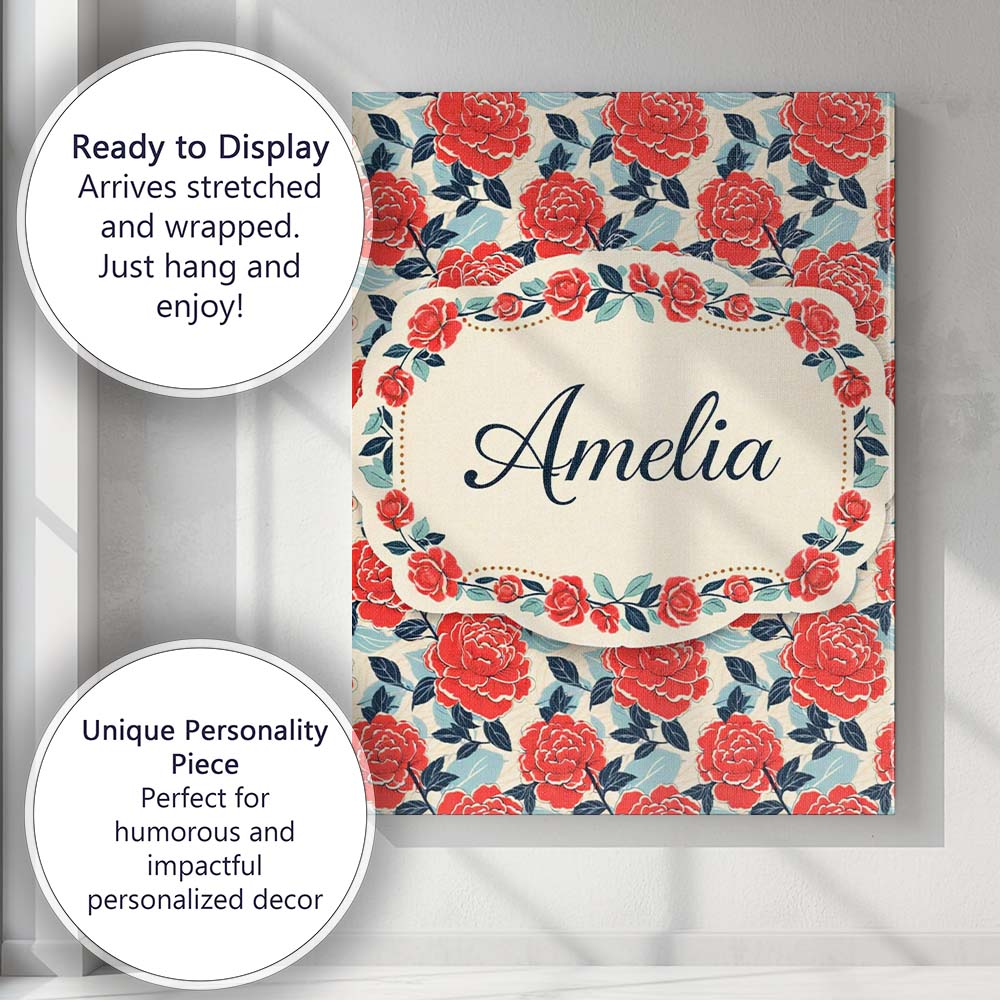 Personalised Name Red Rose Blue Accent Floral Seamless Pattern Custom Contemporary Display Canvas Wall Art Print Decor Picture Ready to Hang