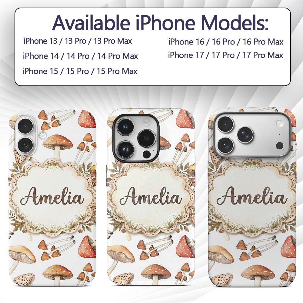 Watercolor Forest Mushrooms Toadstools Seamless Custom Name Protective Phone Case Mobile Cover Durable Everyday Smartphone Shock Resistant