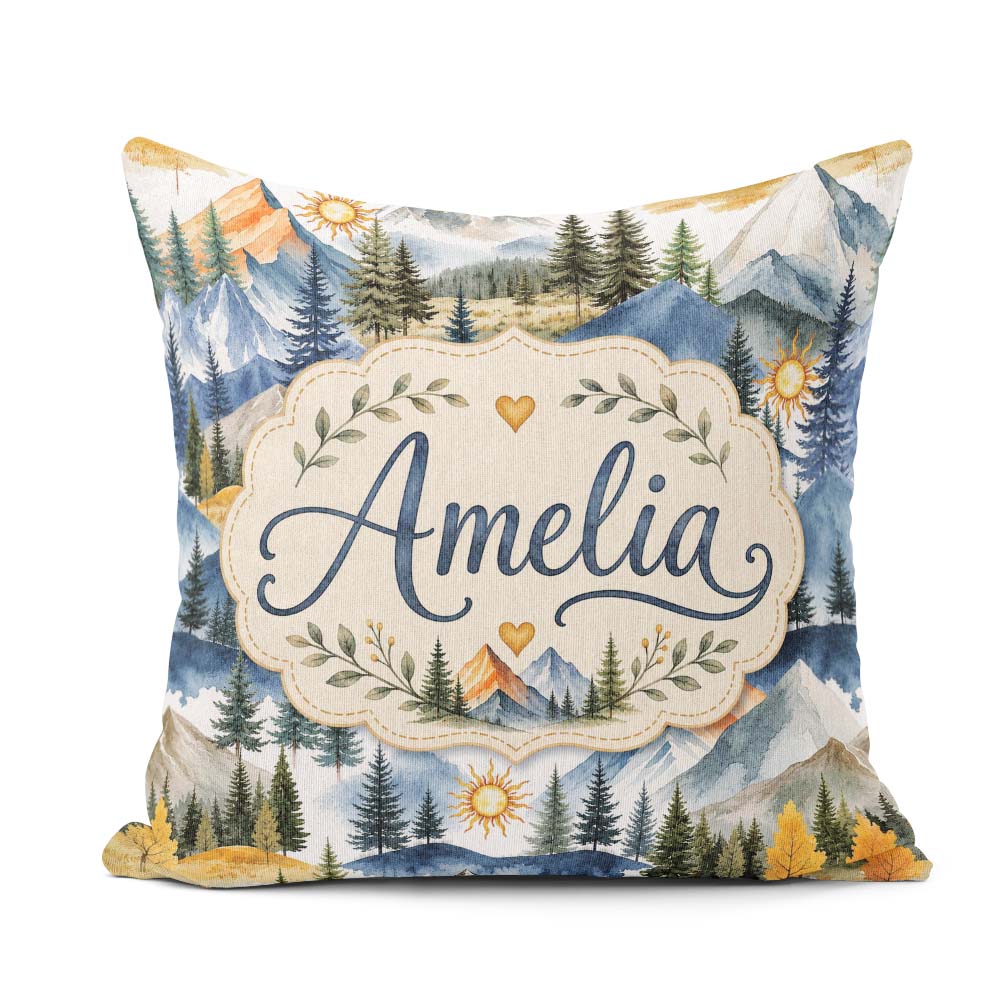 Custom Name Mountain Landscape Pine Trees Seamless Pattern White Square Filled Cushion Throw Pillow Sofa Bed Home Decor Zip Washable UK Made