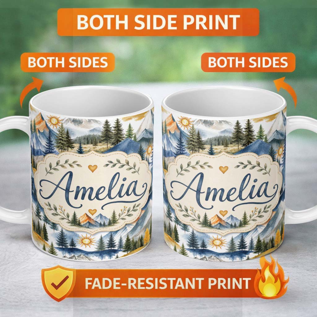 Personalized Custom Name Watercolor Mountain Landscape Pine Trees Seamless Pattern White 11oz Ceramic Coffee Tea Mug White Large Handle