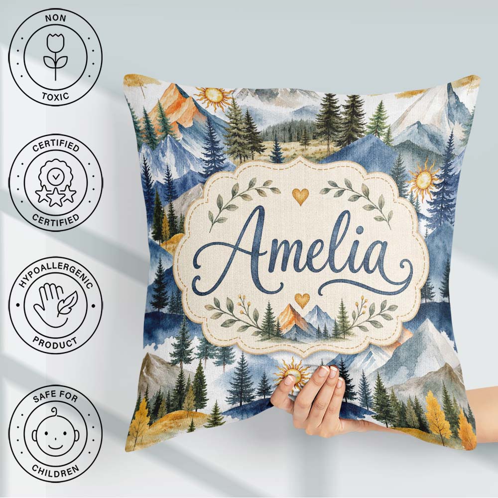 Custom Name Mountain Landscape Pine Trees Seamless Pattern White Square Filled Cushion Throw Pillow Sofa Bed Home Decor Zip Washable UK Made