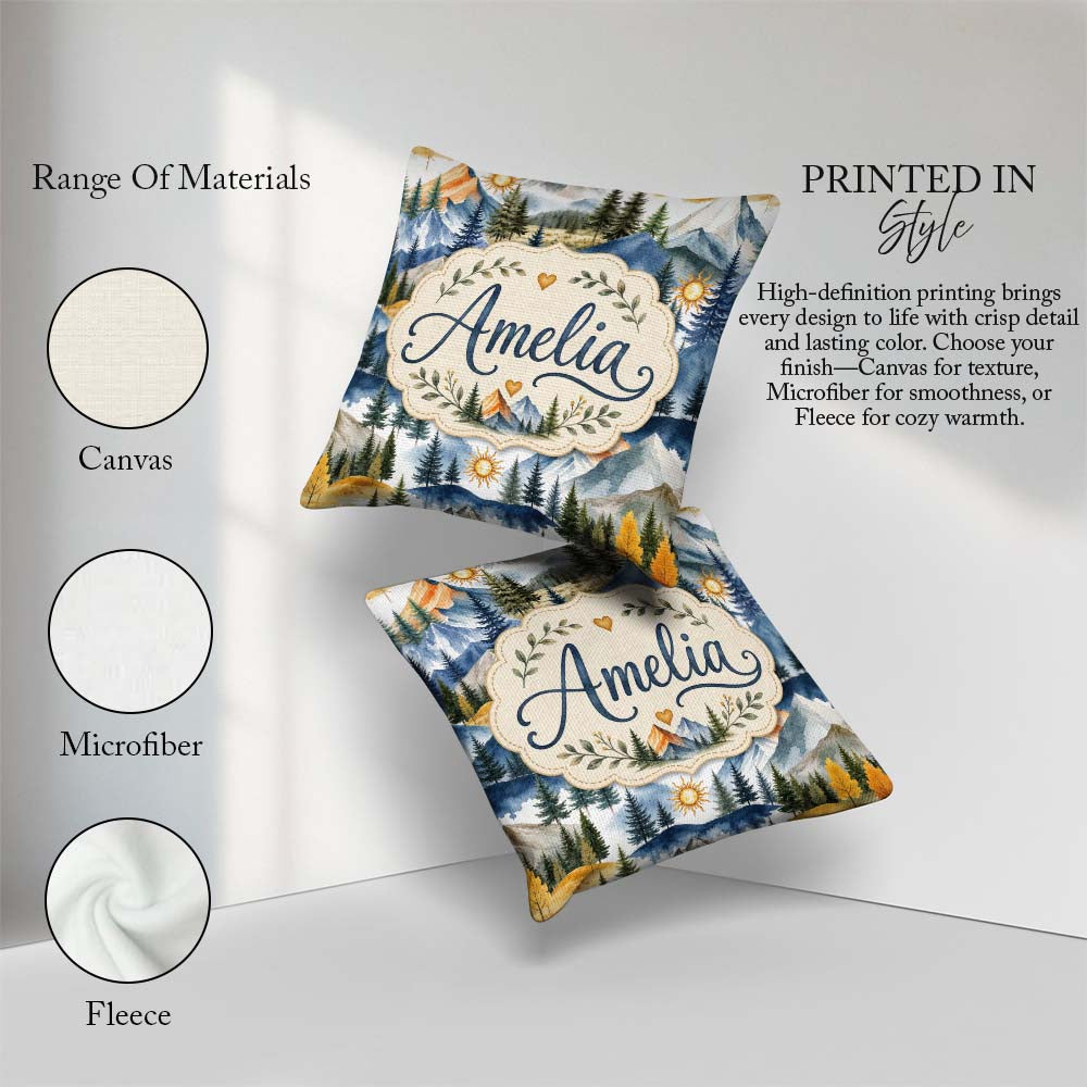 Custom Name Mountain Landscape Pine Trees Seamless Pattern White Square Filled Cushion Throw Pillow Sofa Bed Home Decor Zip Washable UK Made