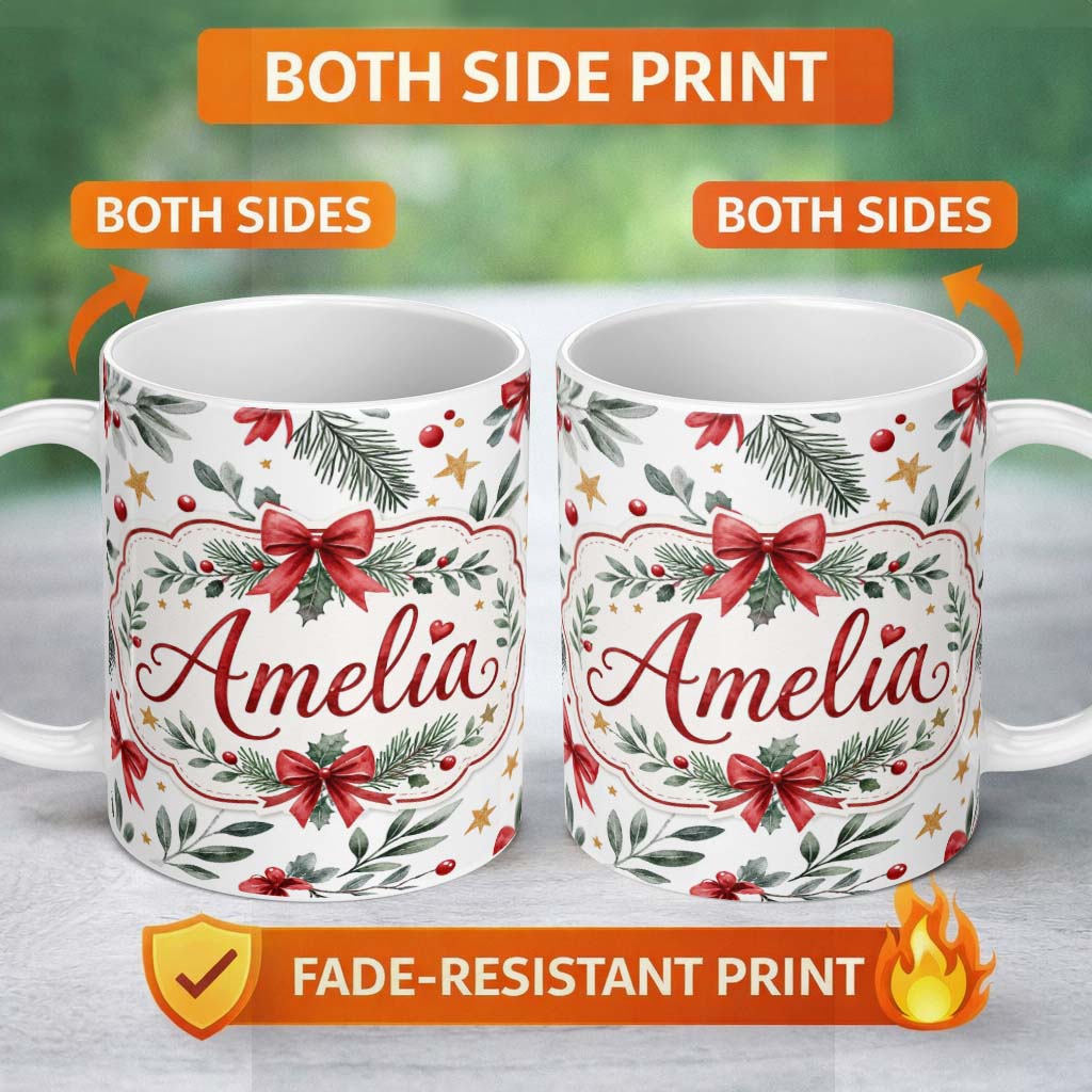 Personalized Custom Name Elegant Christmas Bows Holly Leaves Stars Festive Seamless Pattern 11oz Ceramic Coffee Tea Mug White Large Handle