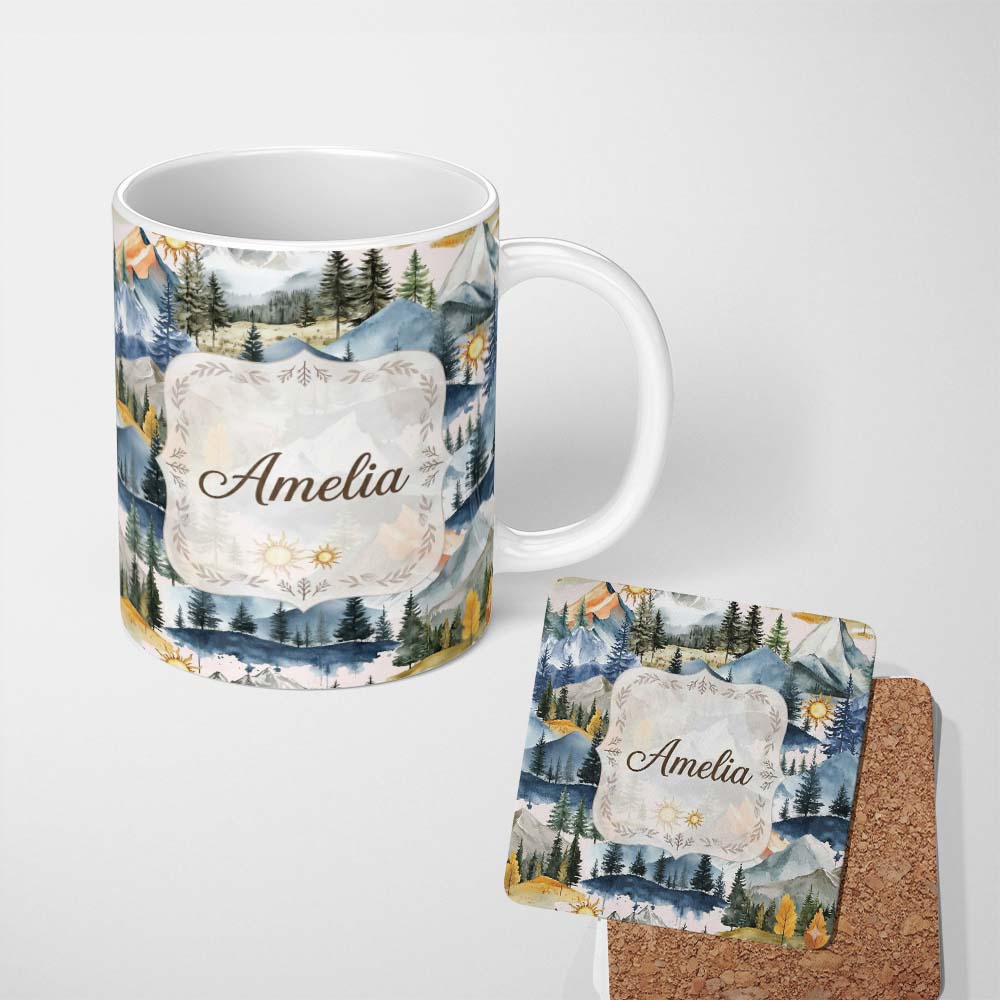Personalized Custom Name Watercolor Mountain Landscape Pine Trees Seamless Pattern Soft Pink 11oz Ceramic Coffee Tea Mug White Large Handle