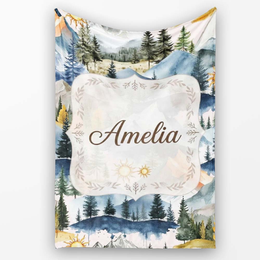 Watercolor Mountain Landscape Pine Trees Seamless Pattern Soft Pink Personalised Custom Name Super Soft Fleece Blanket Bed Sofa Throw