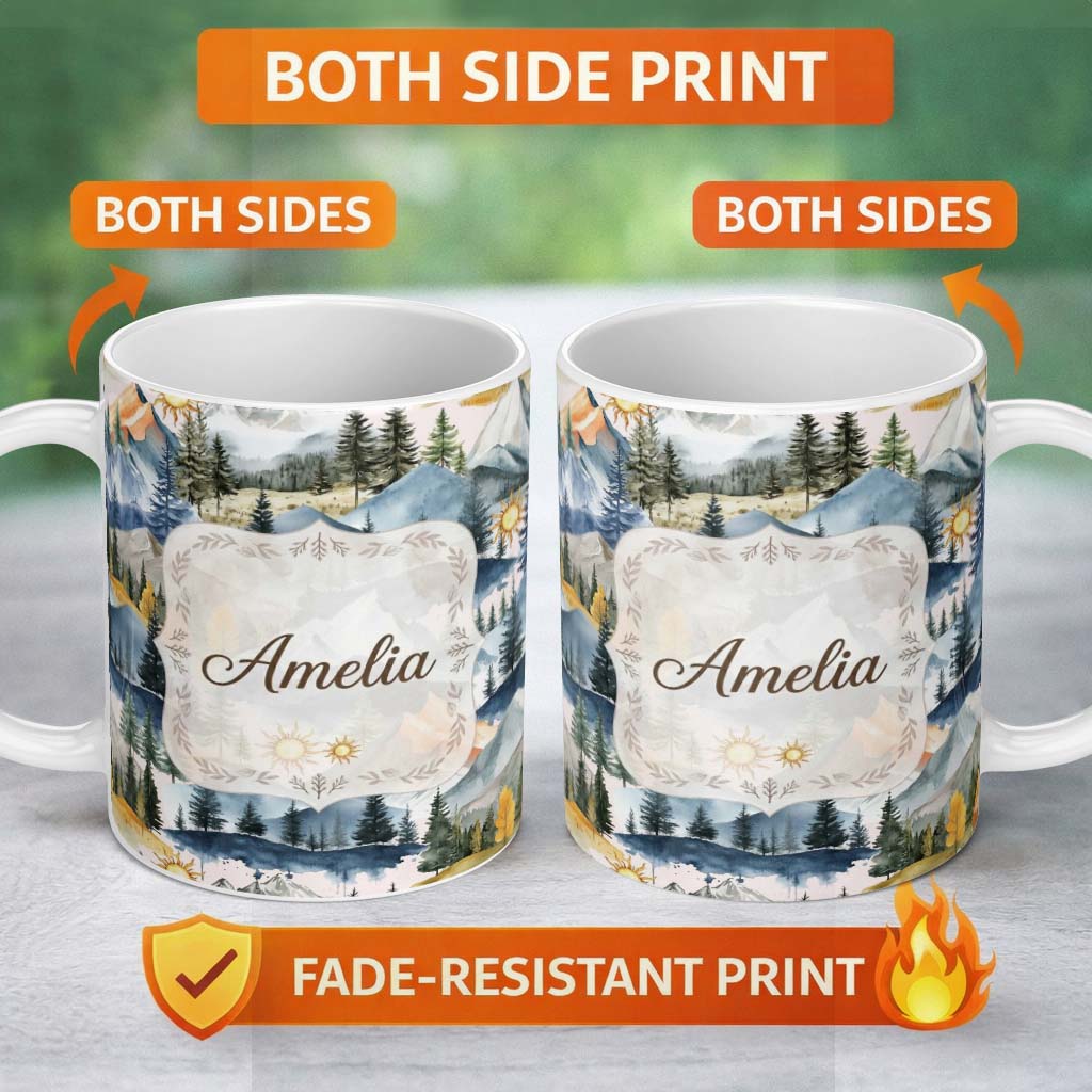 Personalized Custom Name Watercolor Mountain Landscape Pine Trees Seamless Pattern Soft Pink 11oz Ceramic Coffee Tea Mug White Large Handle