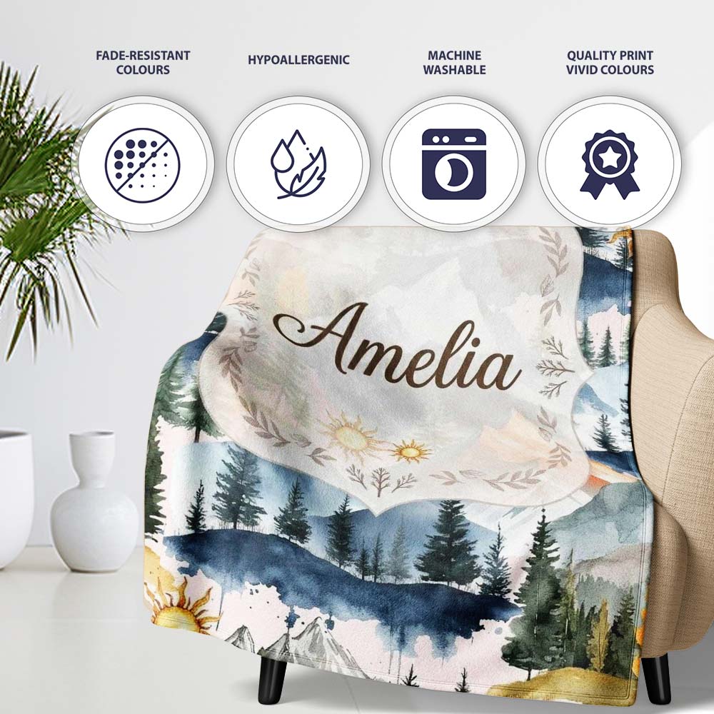 Watercolor Mountain Landscape Pine Trees Seamless Pattern Soft Pink Personalised Custom Name Super Soft Fleece Blanket Bed Sofa Throw