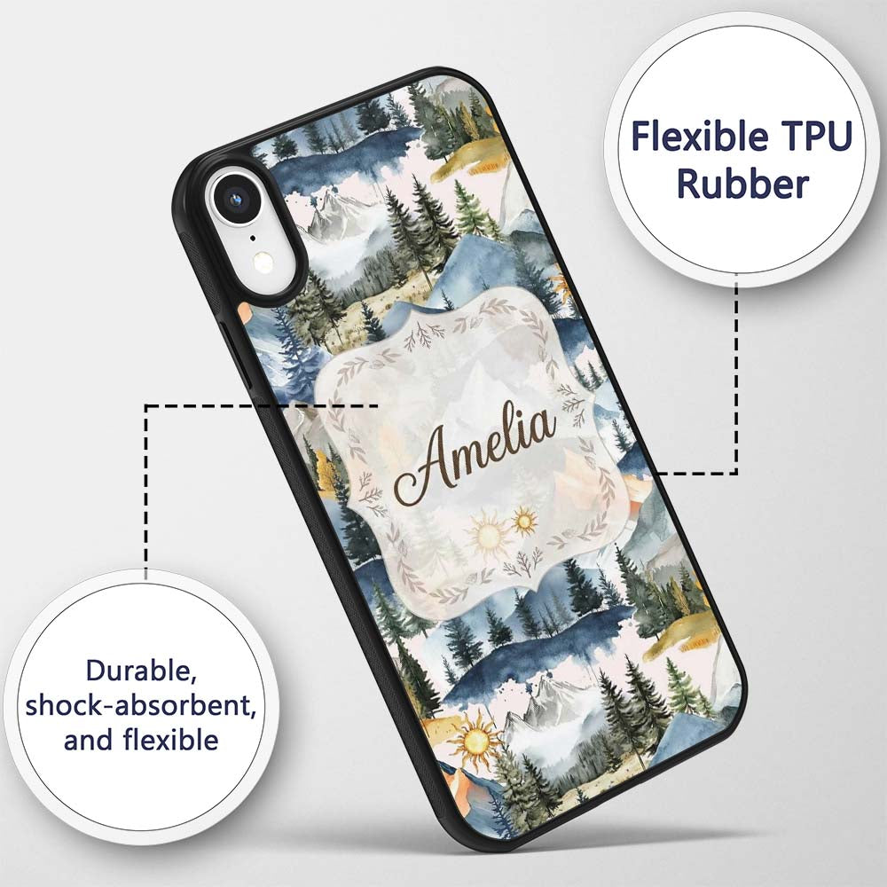 Watercolor Mountain Landscape Pine Trees Seamless Custom Name Protective Phone Case Mobile Cover Durable Everyday Smartphone Shock Resistant