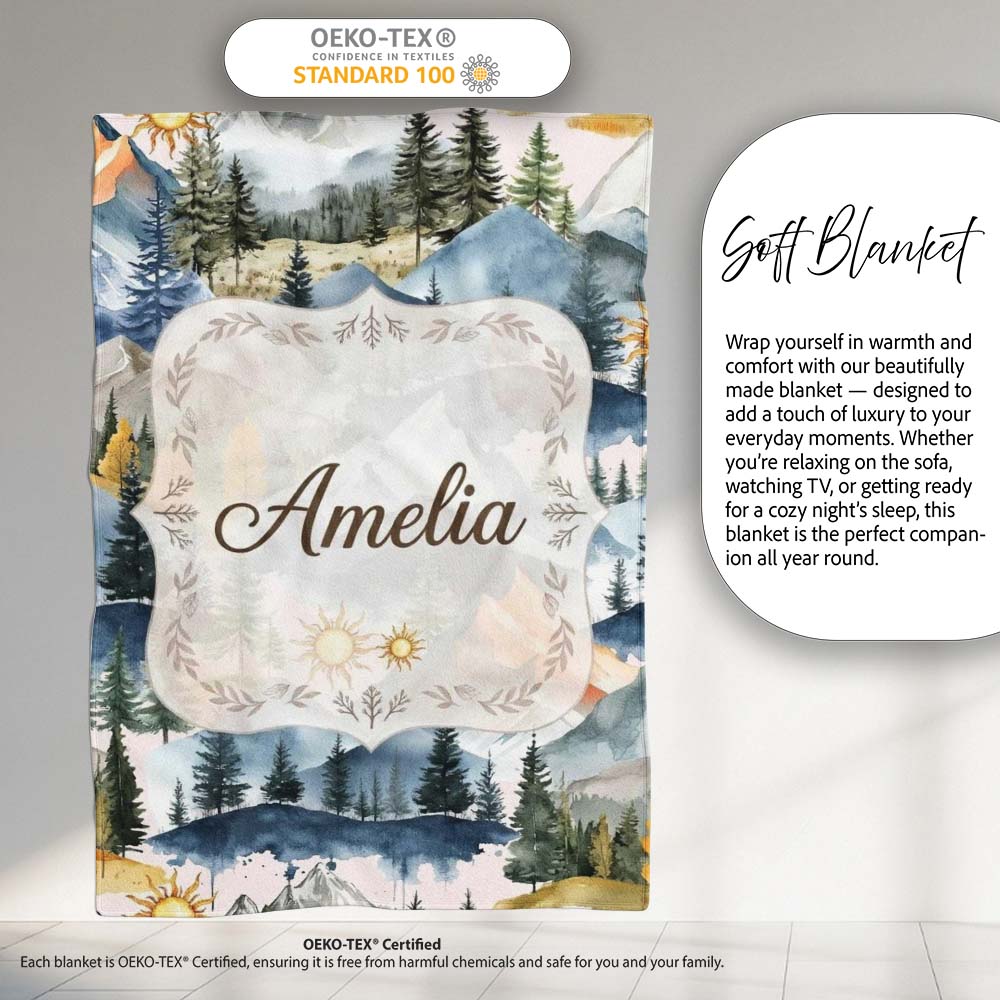 Watercolor Mountain Landscape Pine Trees Seamless Pattern Soft Pink Personalised Custom Name Super Soft Fleece Blanket Bed Sofa Throw