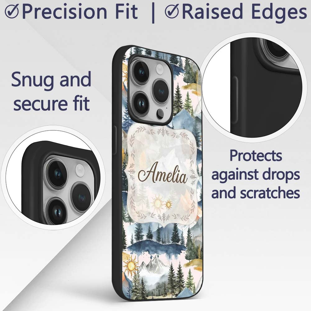 Watercolor Mountain Landscape Pine Trees Seamless Custom Name Protective Phone Case Mobile Cover Durable Everyday Smartphone Shock Resistant