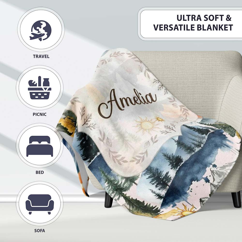 Watercolor Mountain Landscape Pine Trees Seamless Pattern Soft Pink Personalised Custom Name Super Soft Fleece Blanket Bed Sofa Throw