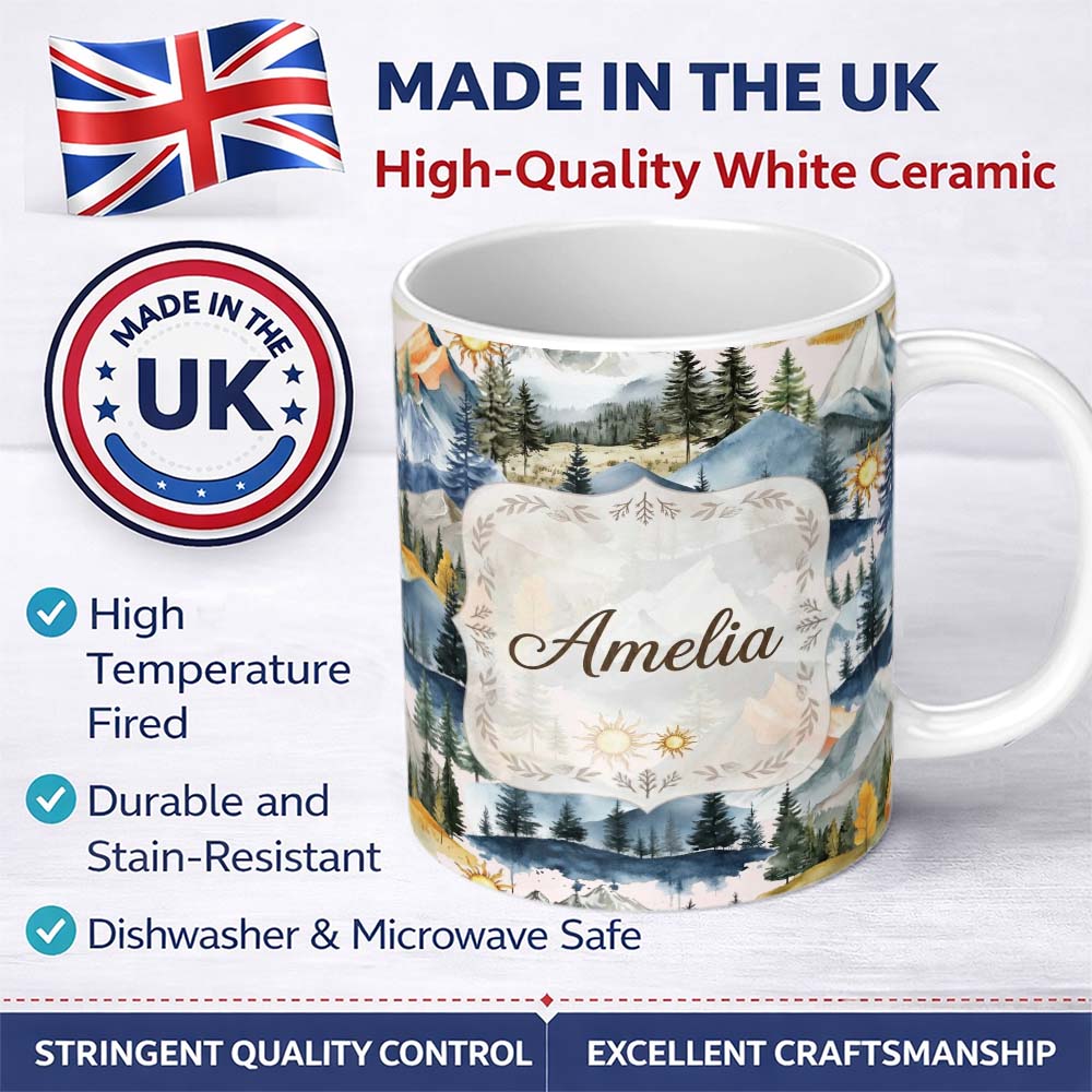 Personalized Custom Name Watercolor Mountain Landscape Pine Trees Seamless Pattern Soft Pink 11oz Ceramic Coffee Tea Mug White Large Handle