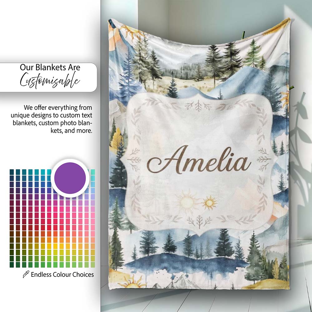 Watercolor Mountain Landscape Pine Trees Seamless Pattern Soft Pink Personalised Custom Name Super Soft Fleece Blanket Bed Sofa Throw