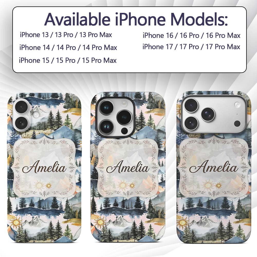Watercolor Mountain Landscape Pine Trees Seamless Custom Name Protective Phone Case Mobile Cover Durable Everyday Smartphone Shock Resistant