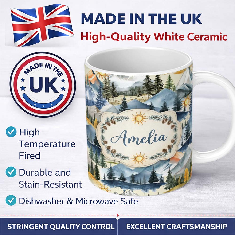Personalized Custom Name Watercolor Mountain Landscape Pine Trees Seamless Pattern Warm 11oz Ceramic Coffee Tea Mug White Large Handle