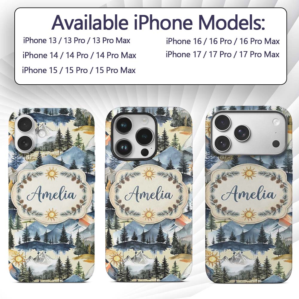 Watercolor Mountain Landscape Pine Trees Seamless Custom Name Protective Phone Case Mobile Cover Durable Everyday Smartphone Shock Resistant