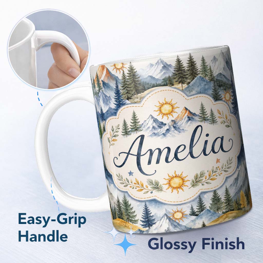 Personalized Custom Name Watercolor Mountain Landscape Pine Trees Seamless Pattern Light 11oz Ceramic Coffee Tea Mug White Large Handle