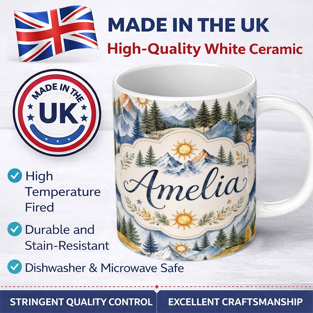 Personalized Custom Name Watercolor Mountain Landscape Pine Trees Seamless Pattern Light 11oz Ceramic Coffee Tea Mug White Large Handle