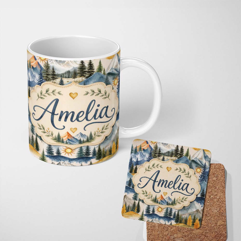 Personalized Custom Name Watercolor Mountain Landscape Pine Trees Seamless Pattern Cream 11oz Ceramic Coffee Tea Mug White Large Handle