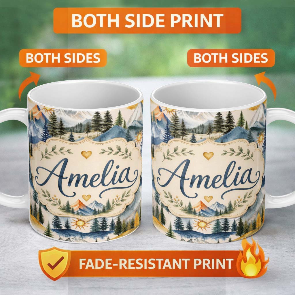 Personalized Custom Name Watercolor Mountain Landscape Pine Trees Seamless Pattern Cream 11oz Ceramic Coffee Tea Mug White Large Handle