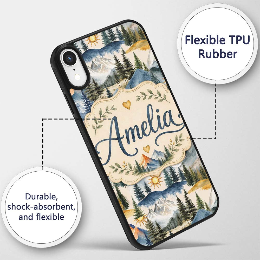 Watercolor Mountain Landscape Pine Trees Seamless Custom Name Protective Phone Case Mobile Cover Durable Everyday Smartphone Shock Resistant