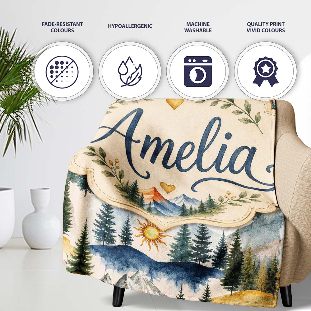 Watercolor Mountain Landscape Pine Trees Seamless Pattern Cream Personalised Custom Name Super Soft Fleece Blanket Bed Sofa Throw