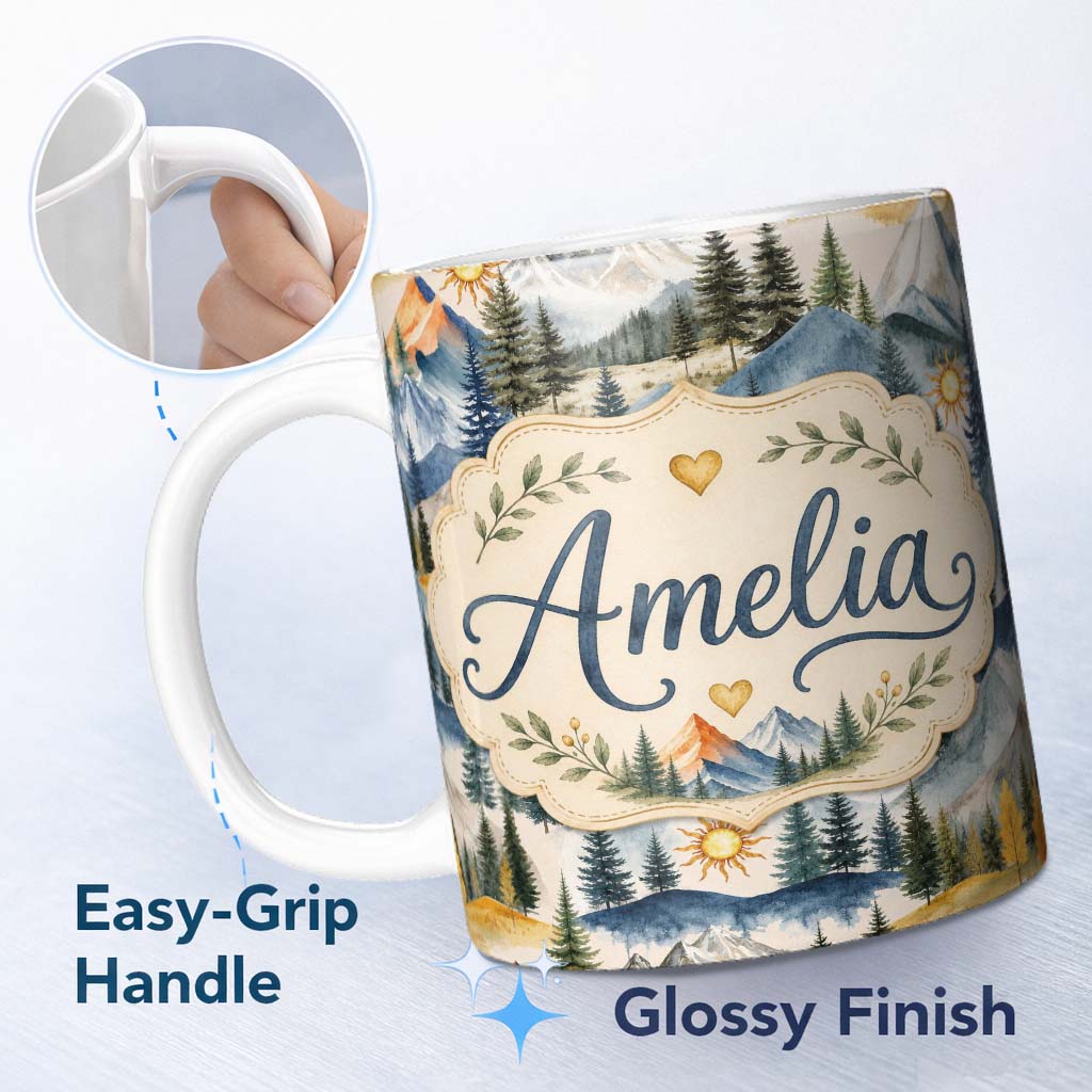 Personalized Custom Name Watercolor Mountain Landscape Pine Trees Seamless Pattern Cream 11oz Ceramic Coffee Tea Mug White Large Handle